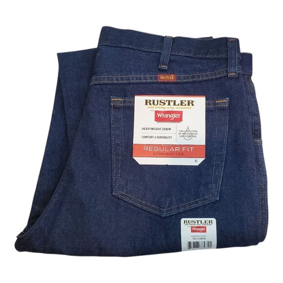 NWT Wrangler Rustler Mens Reg Fit Straight Leg Heavy Duty 100% Cotton Blue Jeans - Picture 3 of 6